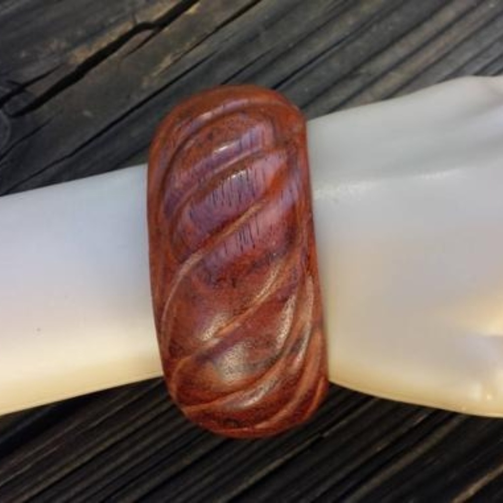 Chunky Wide Brown Wood Swirl Designs Bangle Bracelet